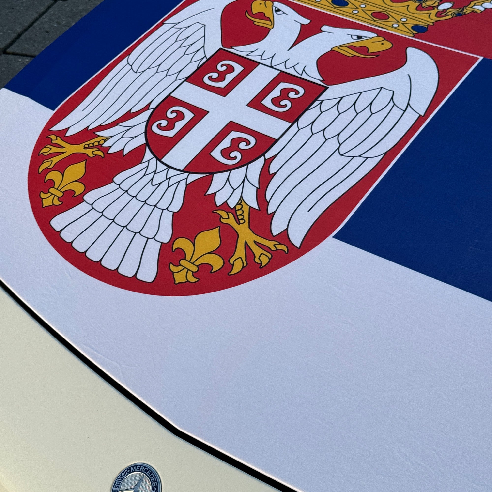 Serbian car hood flag close-up